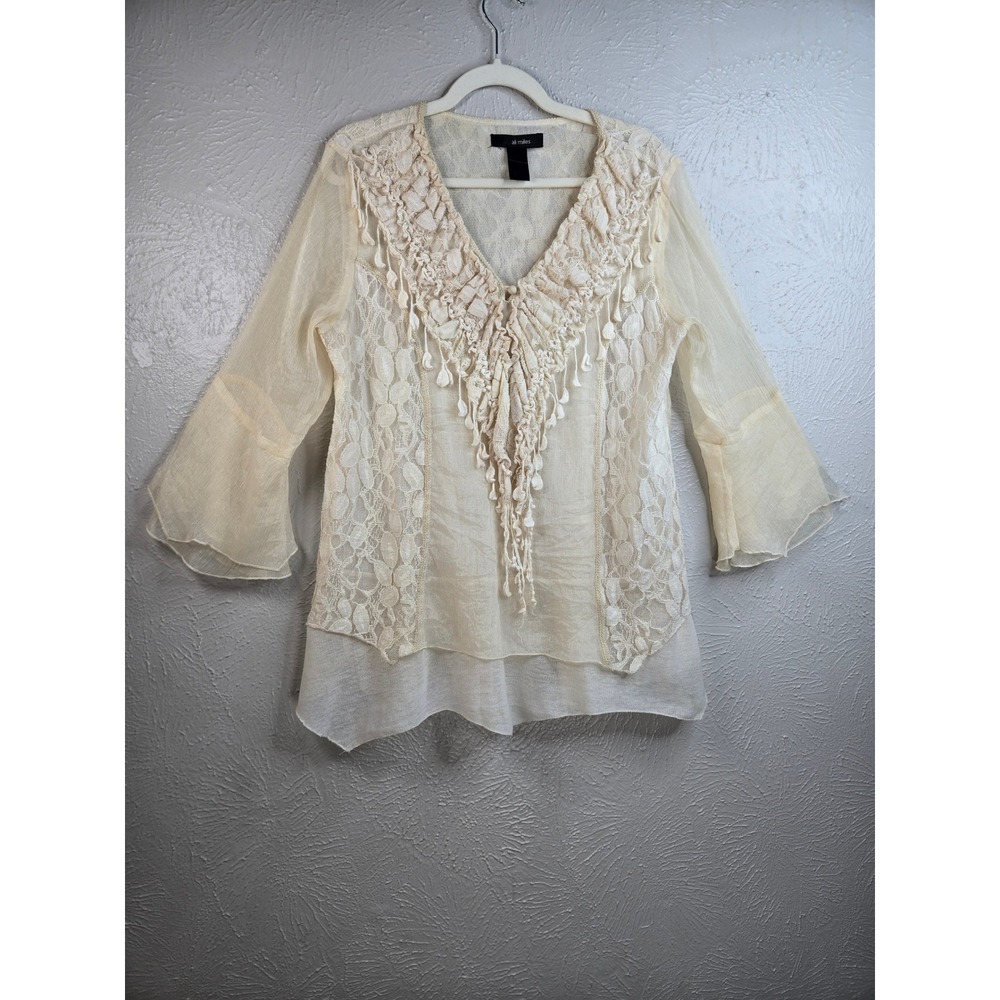 Ali Miles Blouse Lg Cream Lace Ruffle Tassel Bell Sleeve Boho Peasant Tunic Top